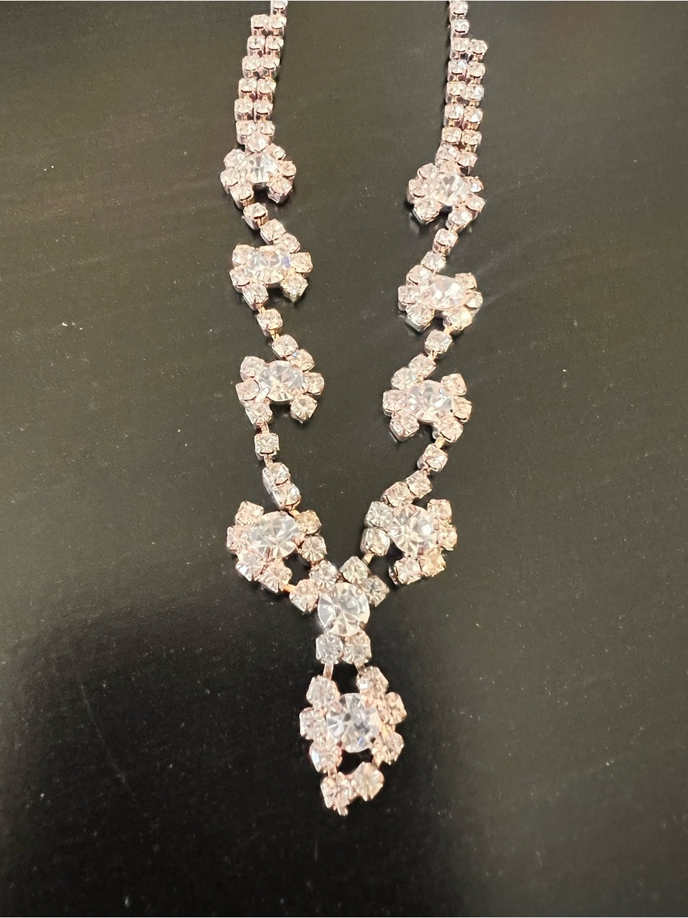 Vintage Rhinestone Floral Drop Necklace - Rose Gold Tone